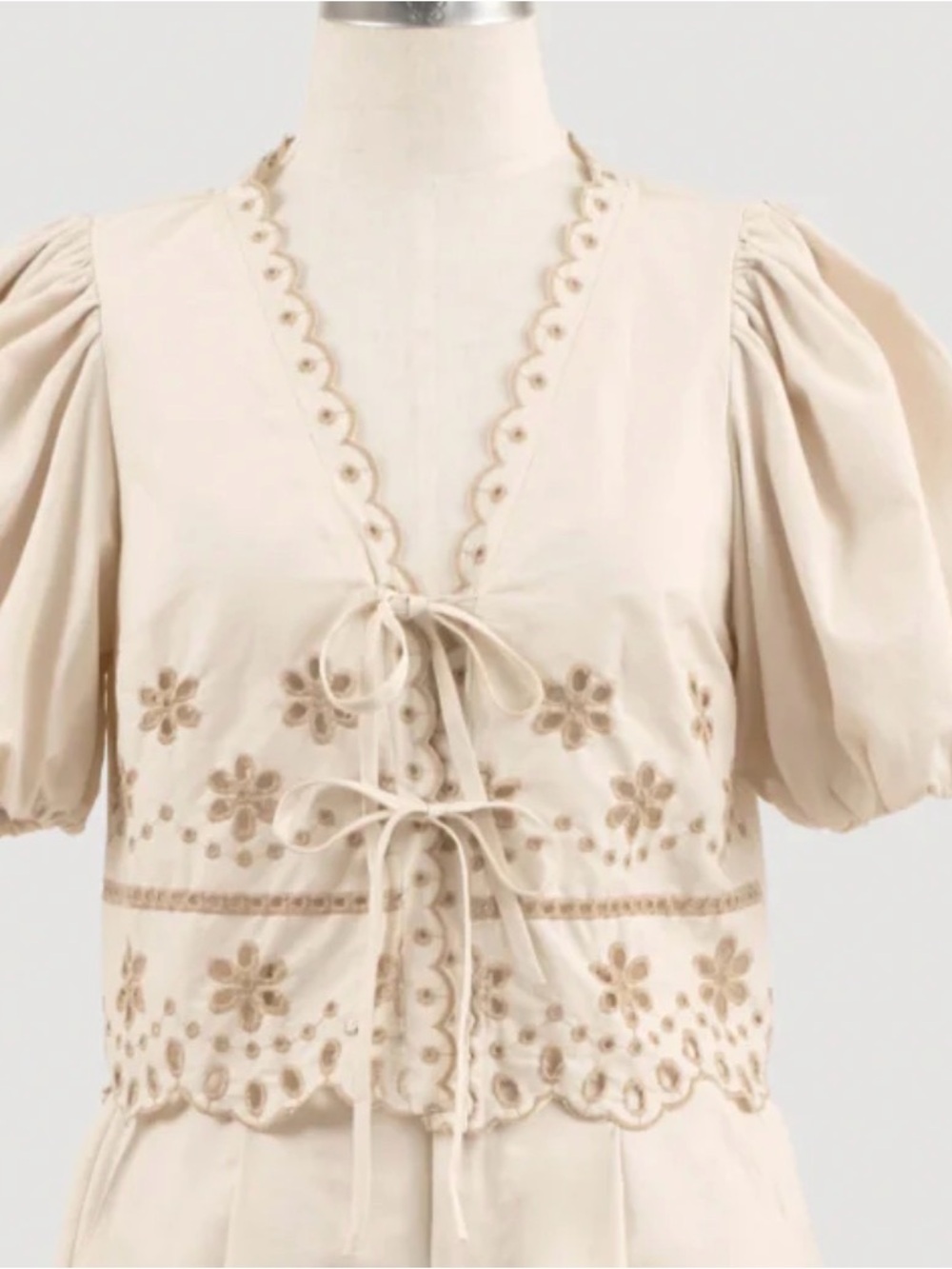 Moon River Cream Embroidered Puff-Sleeve Tie-Front Blouse